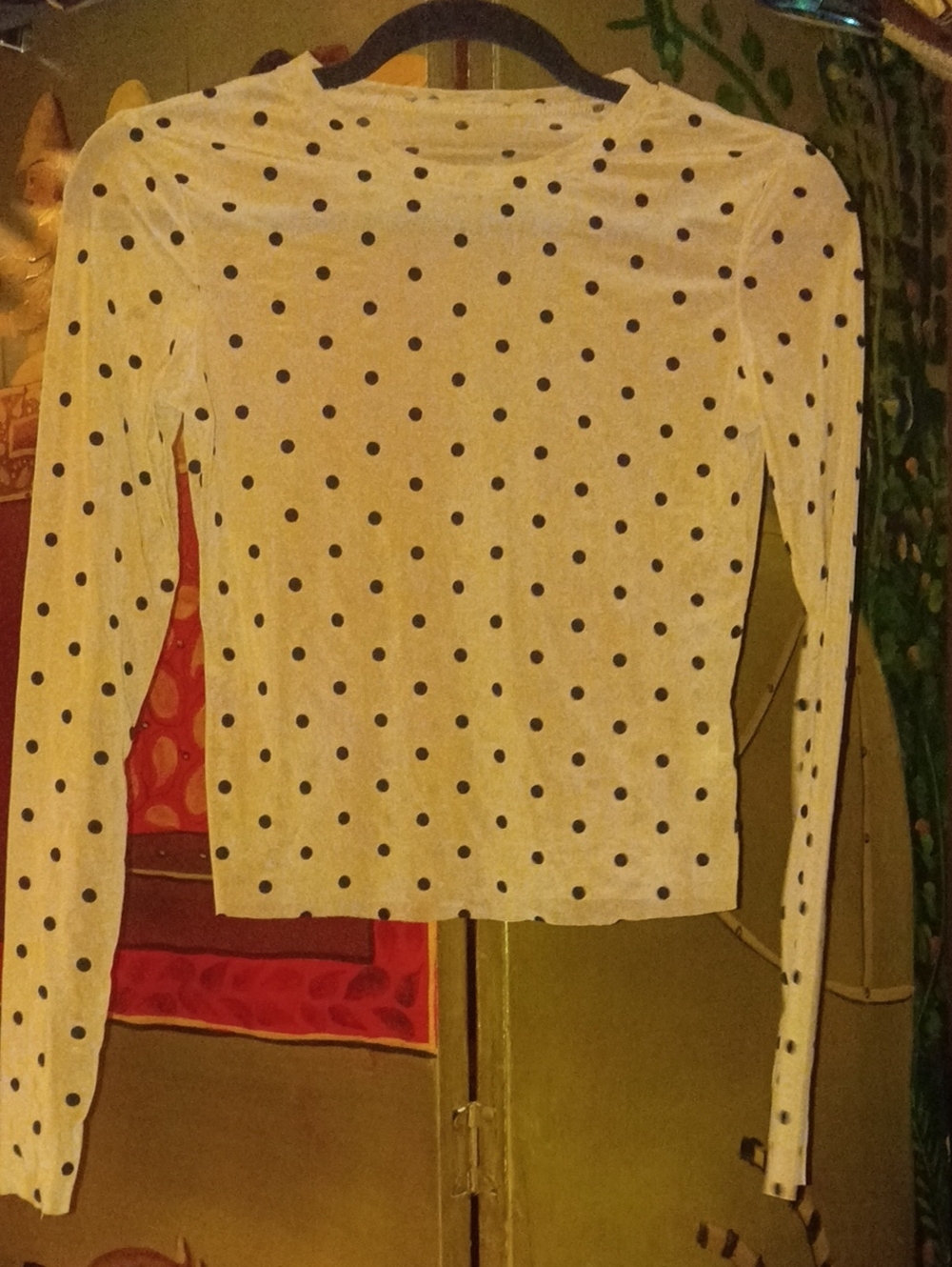 Nude and Black  Long Sleeve Polka Dot Top
